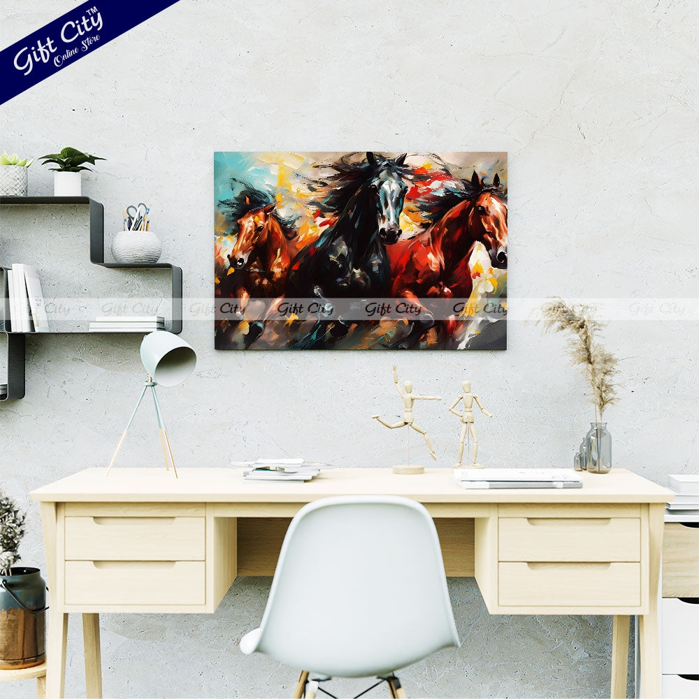 Gift City Presents UV printed oil painting canvas captures the energy of galloping horses with vibrant colors and dynamic brushstrokes, perfect for modern decor