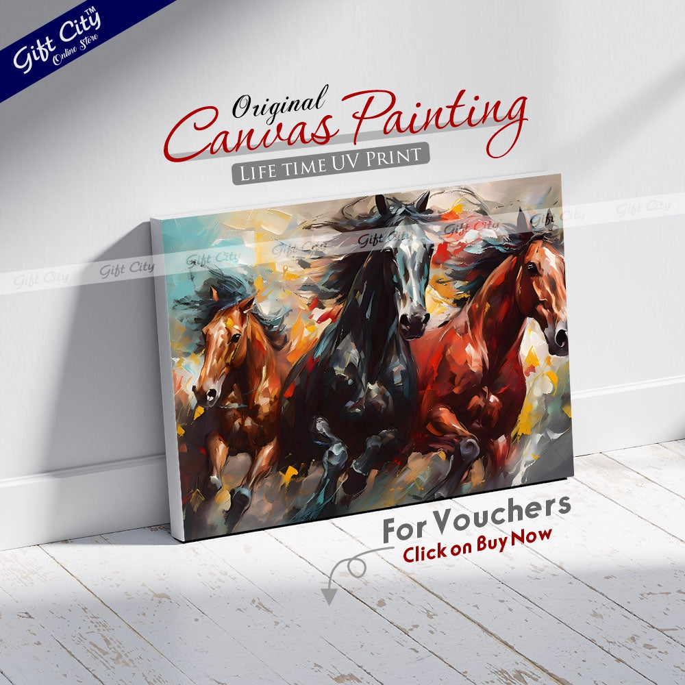 Gift City Presents UV printed oil painting canvas captures the energy of galloping horses with vibrant colors and dynamic brushstrokes, perfect for modern decor