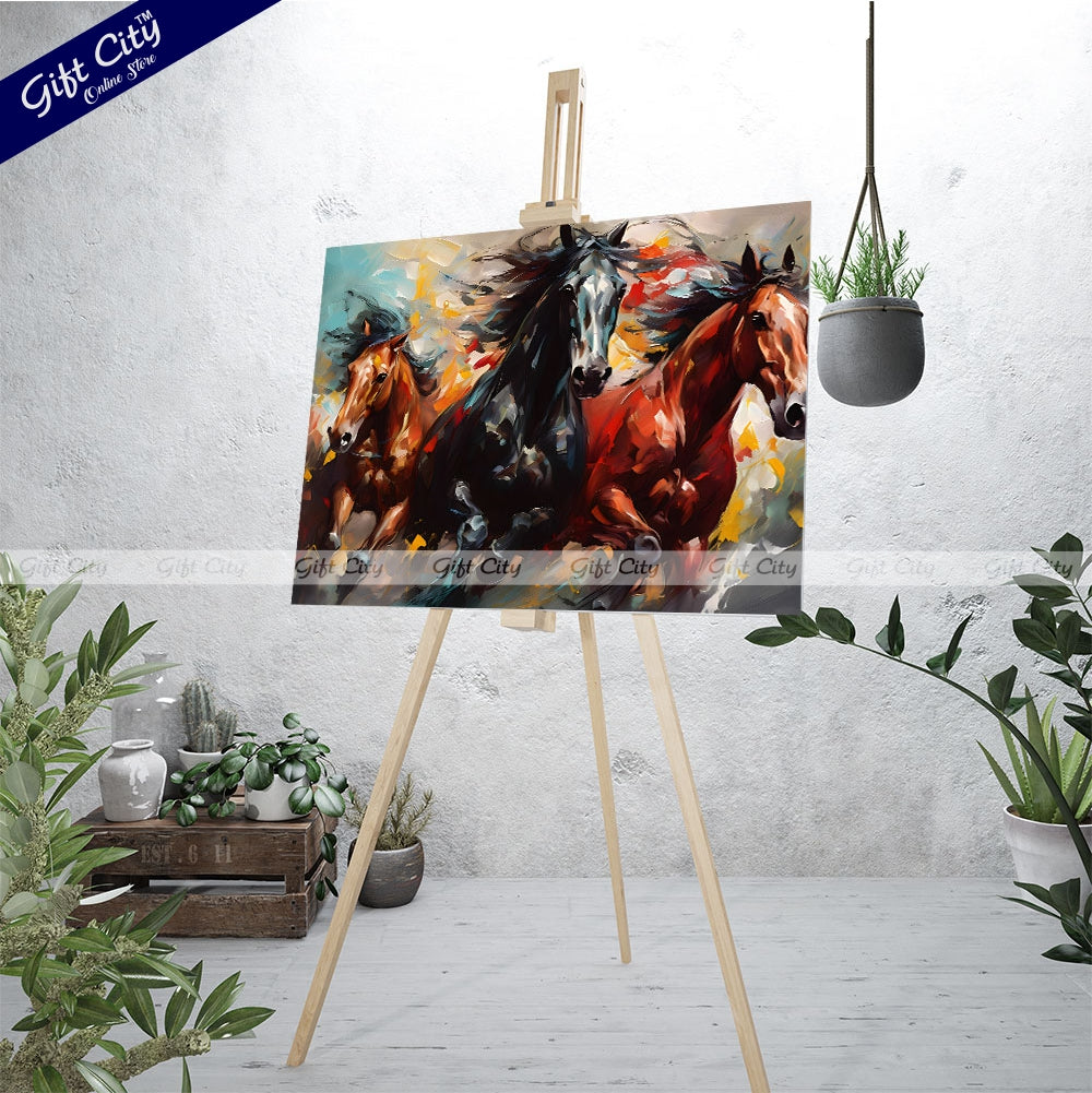 Gift City Presents UV printed oil painting canvas captures the energy of galloping horses with vibrant colors and dynamic brushstrokes, perfect for modern decor