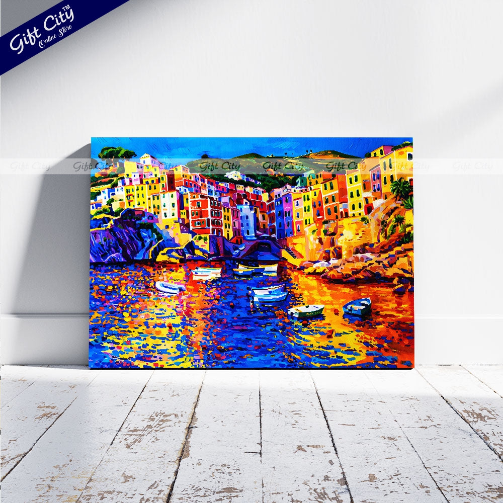 Gift City Presents vibrant seascape captured in modern art on Canvas, Experience the beauty of the Amalfi Coast with this original oil painting Canvas, perfect for your wall decor