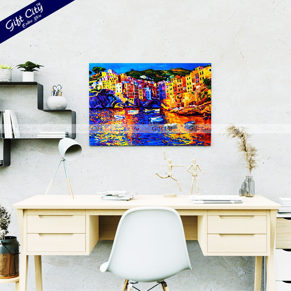 Gift City Presents vibrant seascape captured in modern art on Canvas, Experience the beauty of the Amalfi Coast with this original oil painting Canvas, perfect for your wall decor