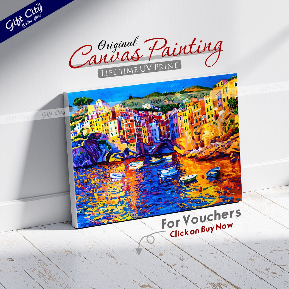 Gift City Presents vibrant seascape captured in modern art on Canvas, Experience the beauty of the Amalfi Coast with this original oil painting Canvas, perfect for your wall decor