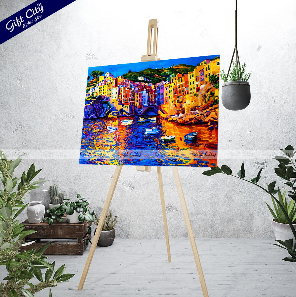 Gift City Presents vibrant seascape captured in modern art on Canvas, Experience the beauty of the Amalfi Coast with this original oil painting Canvas, perfect for your wall decor