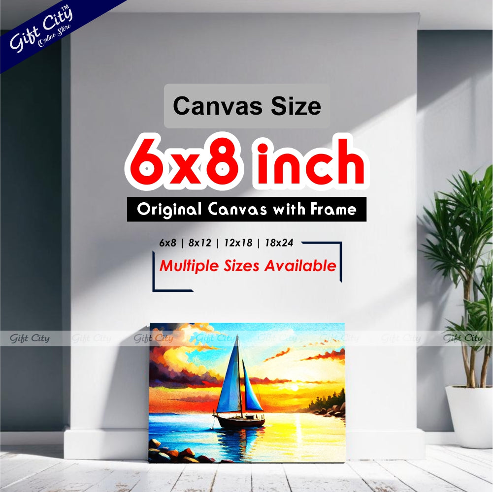 Gift City Presents A sailing yacht floats on the sea against a sunset on a UV printed oil painting canvas, capturing the serenity of a sunny and quiet day