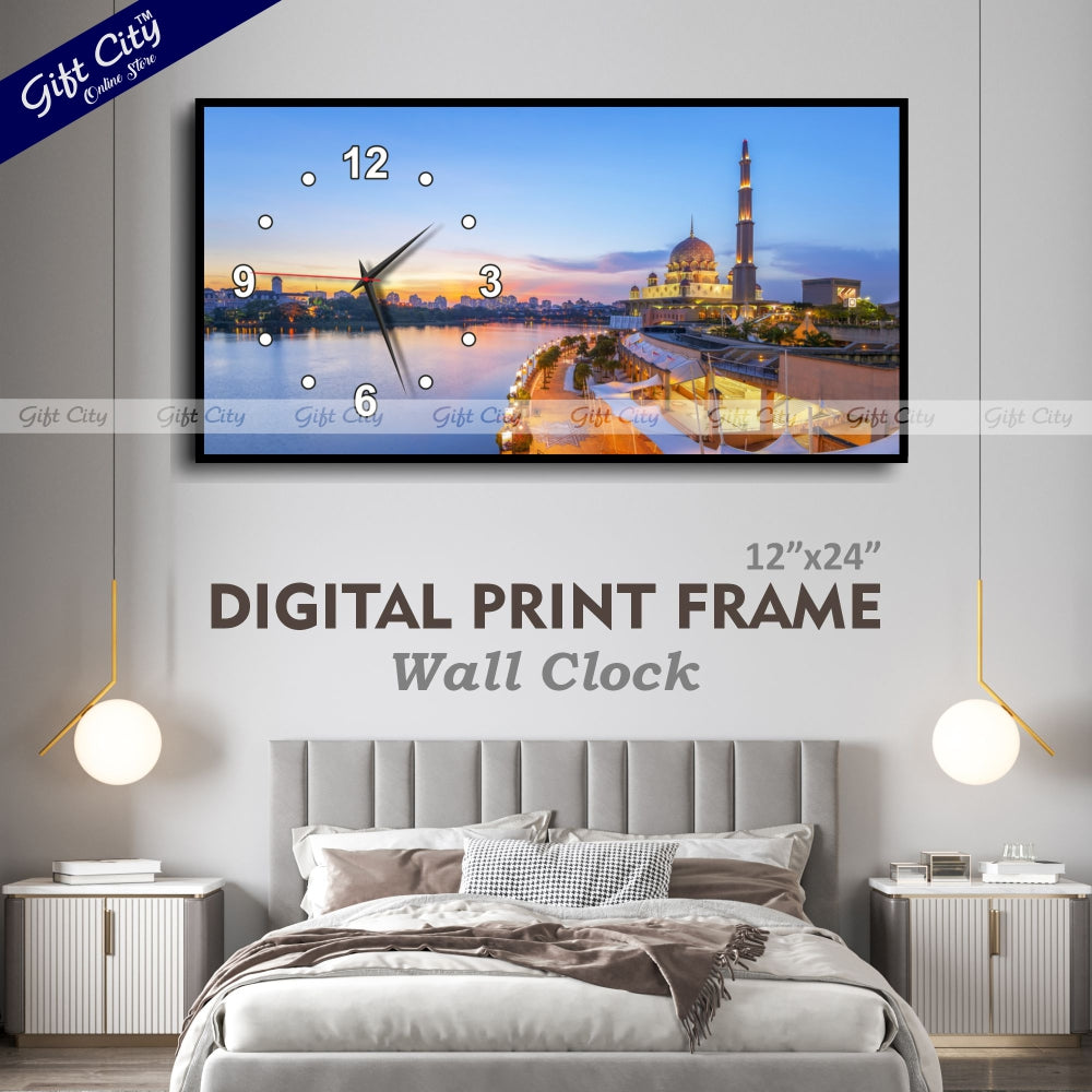 Gift City Modern Islamic Mosque Wooden Wall Clock with Bright Digital Wall Hanging Art - Ideal for Home or Office - 12x24 inch