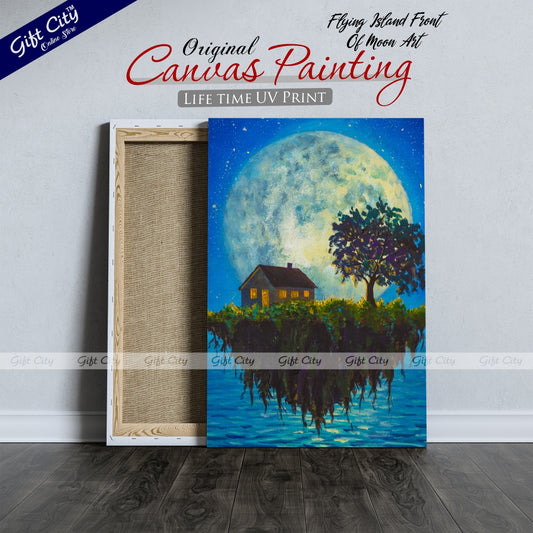 Flying Island Front Of Moon Art Canvas Painting Digital Art for Home Décor - Gift City