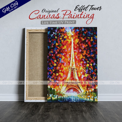 Paris Eiffel Tower Lighted Palette Knife Oil Painting Wall Hanging - Gift City