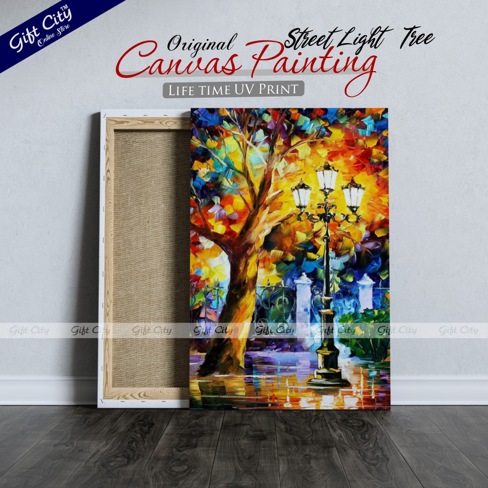 Street Light & Tree Romantic Aura Palette Knife Oil Painting Wall Hanging - Gift City