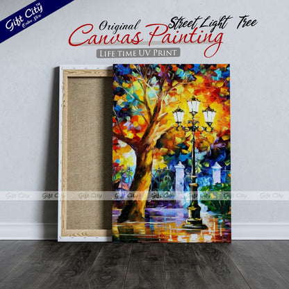 Street Light & Tree Romantic Aura Palette Knife Oil Painting Wall Hanging - Gift City