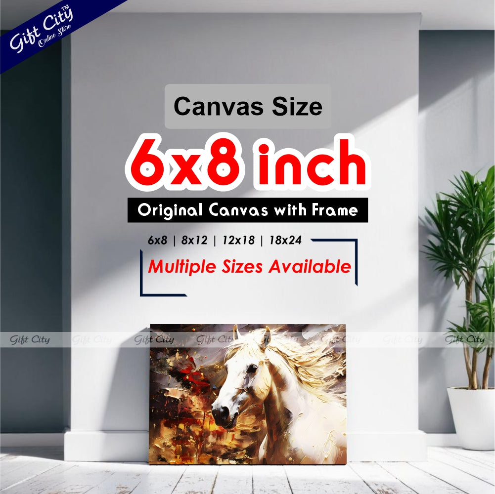 Gift City Presents UV Printed Oil Painting Canvas of a Beautiful White Horse with Smooth Skin and Fur, Featuring Abstract Gray Artistic Wall Art