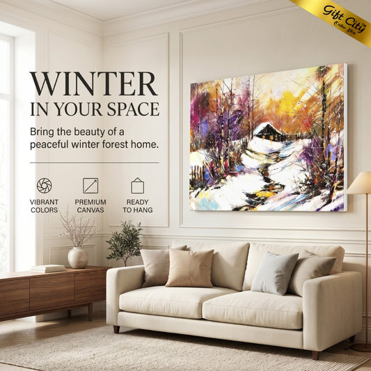 Winter Snowy Forest Canvas Painting Wall Art with Wooden Frame | Snow Landscape Painting for Home Decor