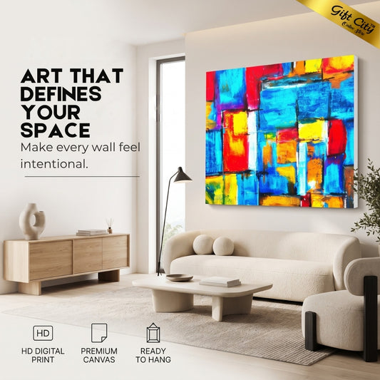 Colorful Abstract Geometric Canvas Painting Wall Art with Wooden Frame | Modern Art Painting for Home Decor