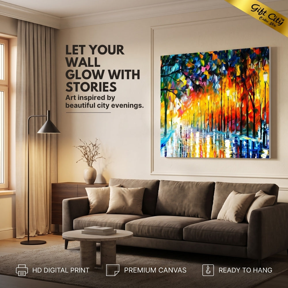 Rainy Street Light Canvas Painting Wall Art with Wooden Frame | Colorful Palette Knife Painting