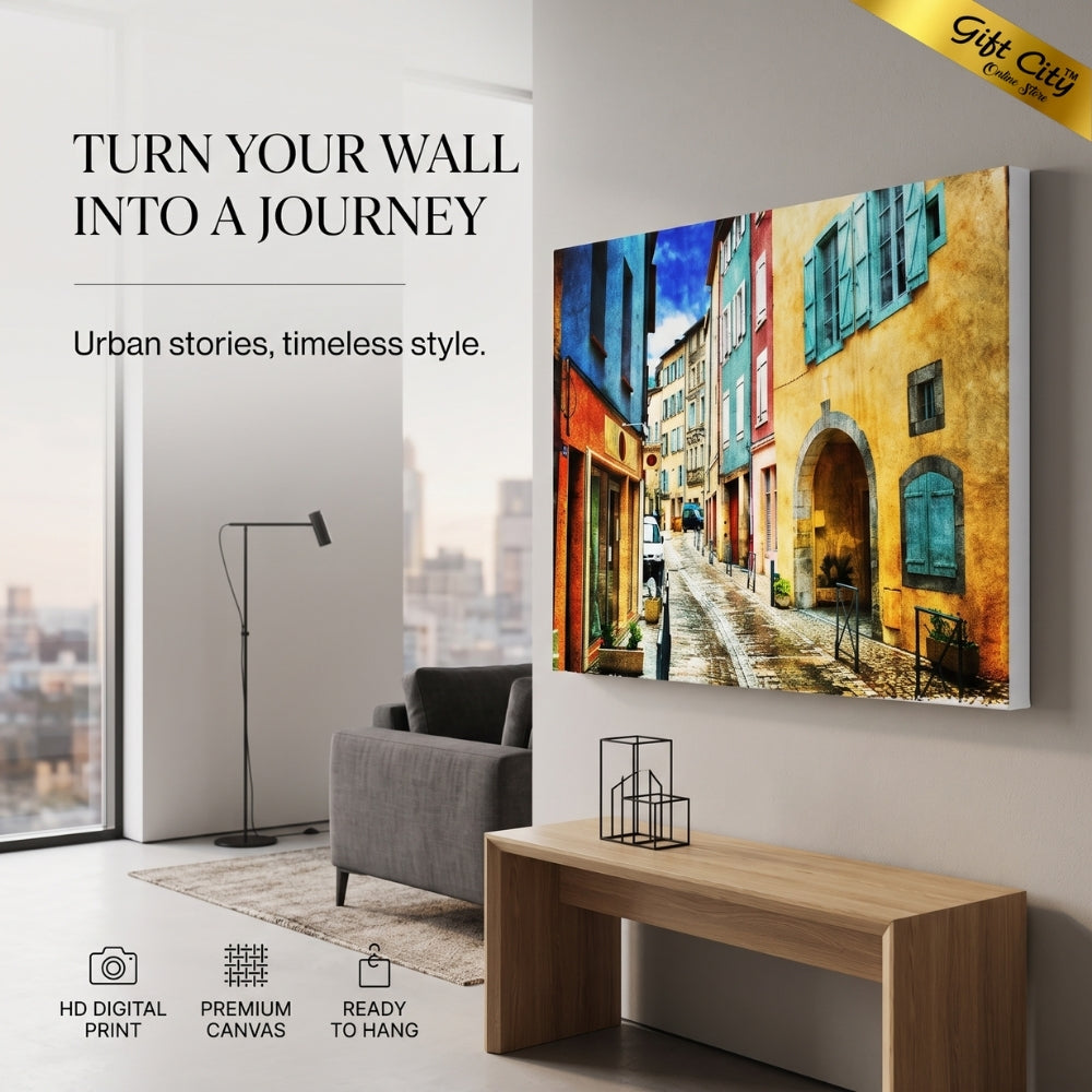 Street Scene Canvas Painting Wall Art with Wooden Frame | Urban Landscape Painting for Home Decor