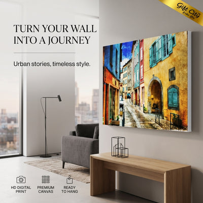 Street Scene Canvas Painting Wall Art with Wooden Frame | Urban Landscape Painting for Home Decor