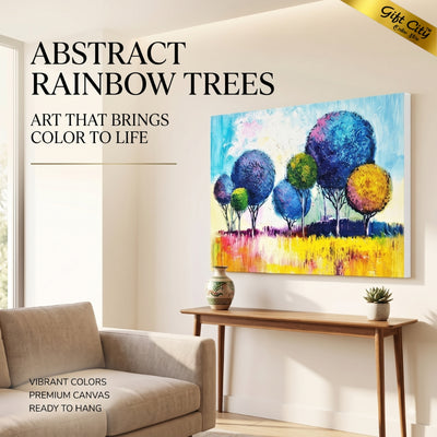 Abstract Rainbow Trees Canvas Wall Art with Wooden Frame | Colorful Nature Painting for Home Decor
