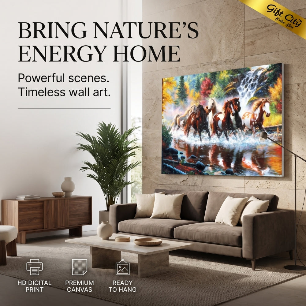 Running Horse Waterfall Canvas Painting Wall Art with Wooden Frame | Nature Landscape Painting for Home Decor