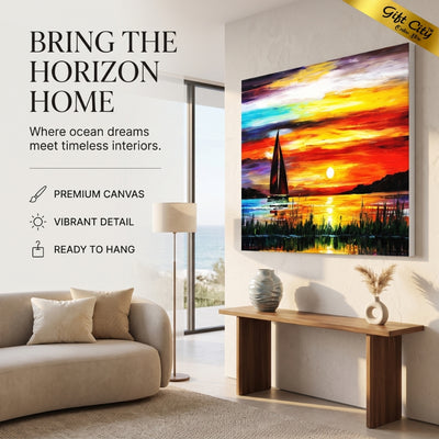 Yacht at Sunset Canvas Painting Wall Art with Wooden Frame | Sea Landscape Painting for Home Decor