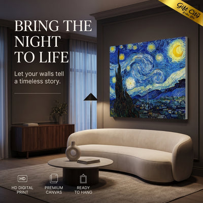 Starry Night Canvas Painting Wall Art | Van Gogh Inspired Night Sky Painting with Wooden Frame