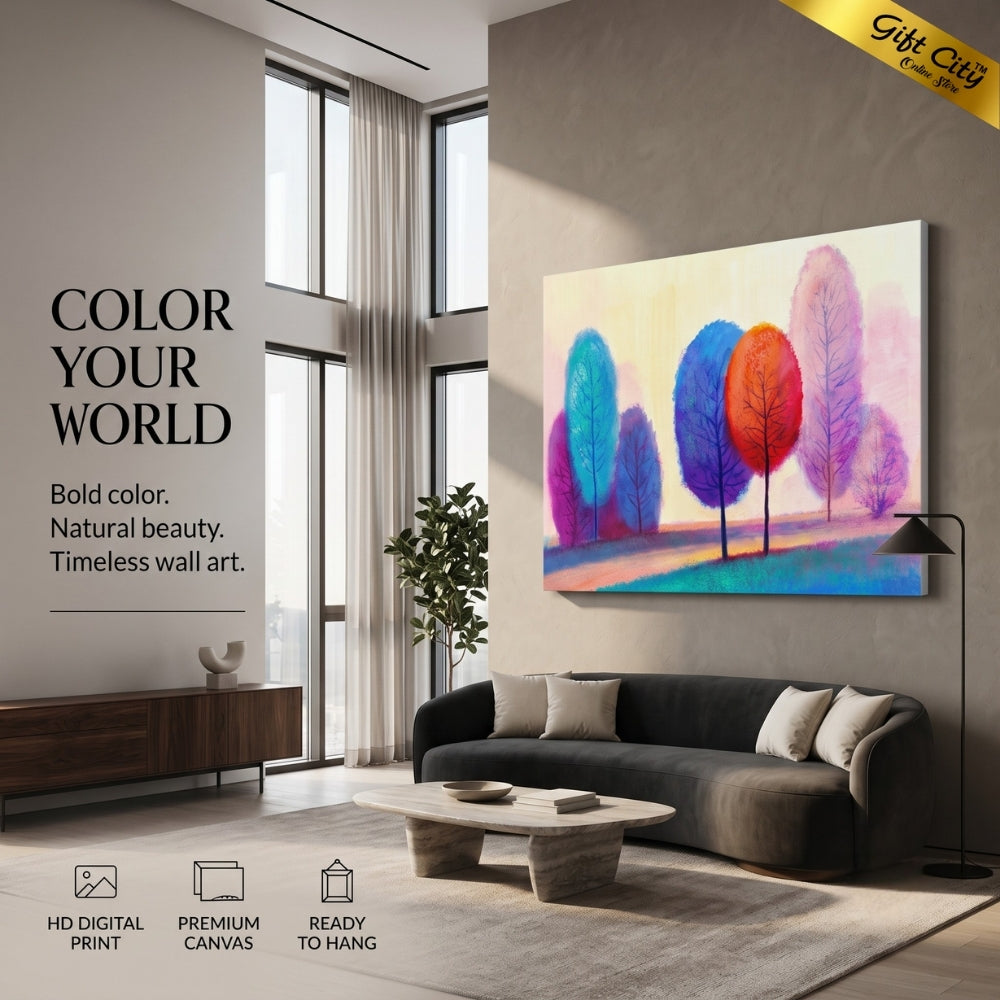 Colorful Autumn Trees Canvas Painting Wall Art with Wooden Frame | Abstract Forest Landscape Painting