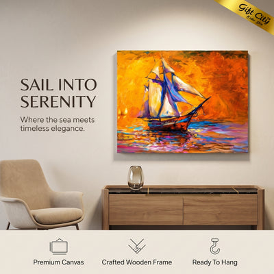 Yacht Sunset Canvas Painting Wall Art | Seaside Boat Artwork for Home & Office Decor
