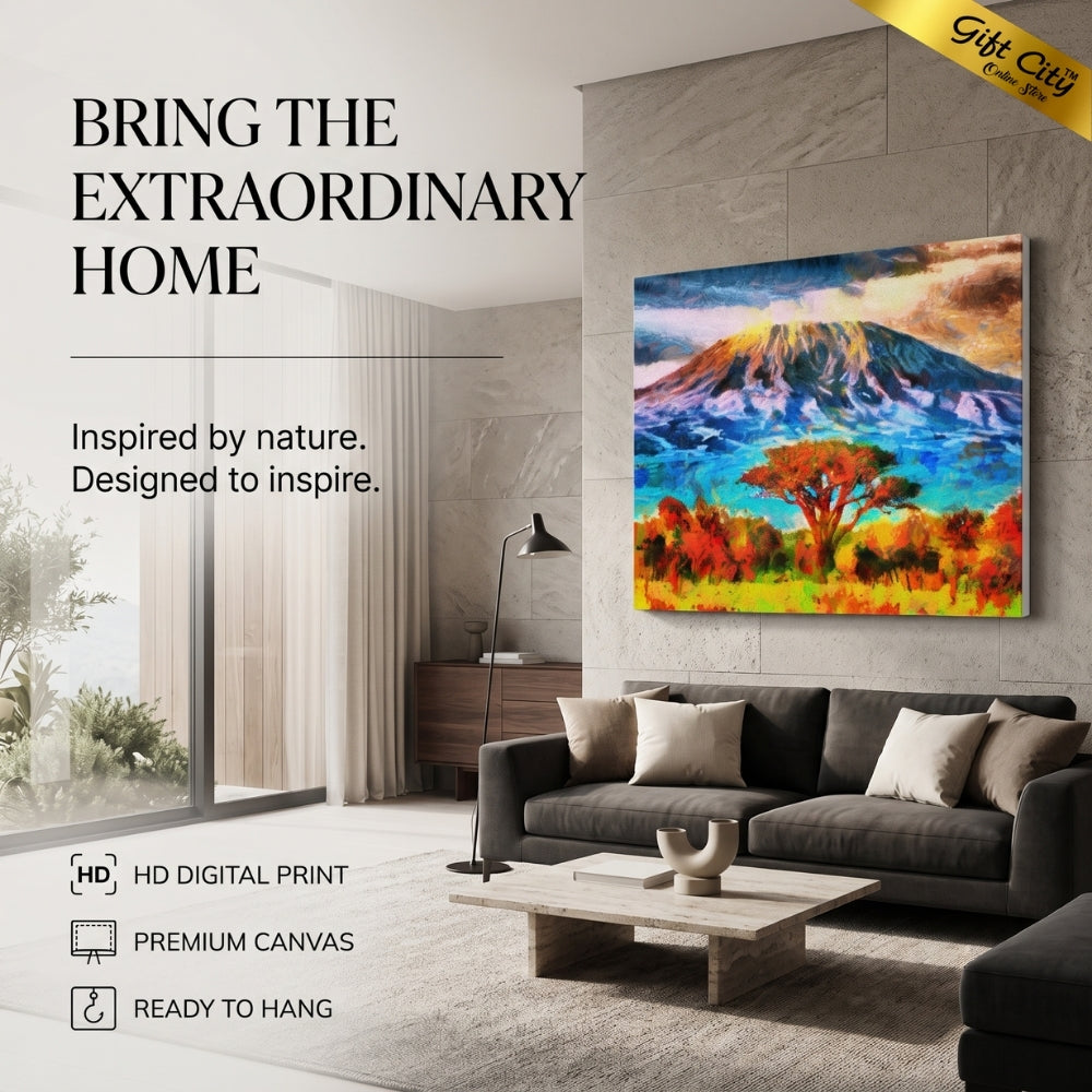 Mount Kilimanjaro Canvas Painting Wall Art with Wooden Frame | Colorful Mountain Landscape Painting