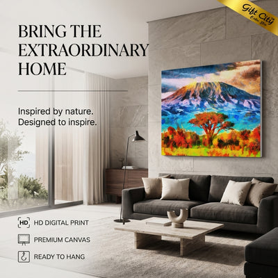 Mount Kilimanjaro Canvas Painting Wall Art with Wooden Frame | Colorful Mountain Landscape Painting