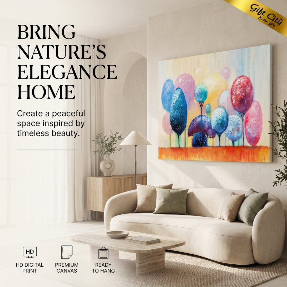Colorful Ornamental Trees Canvas Painting Wall Art with Wooden Frame | Abstract Park Landscape Painting