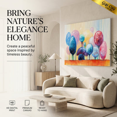 Colorful Ornamental Trees Canvas Painting Wall Art with Wooden Frame | Abstract Park Landscape Painting