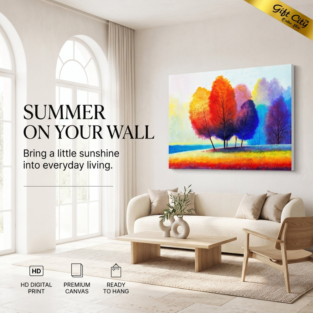 Colorful Autumn Trees Canvas Painting Wall Art with Wooden Frame | Vibrant Nature Landscape Painting