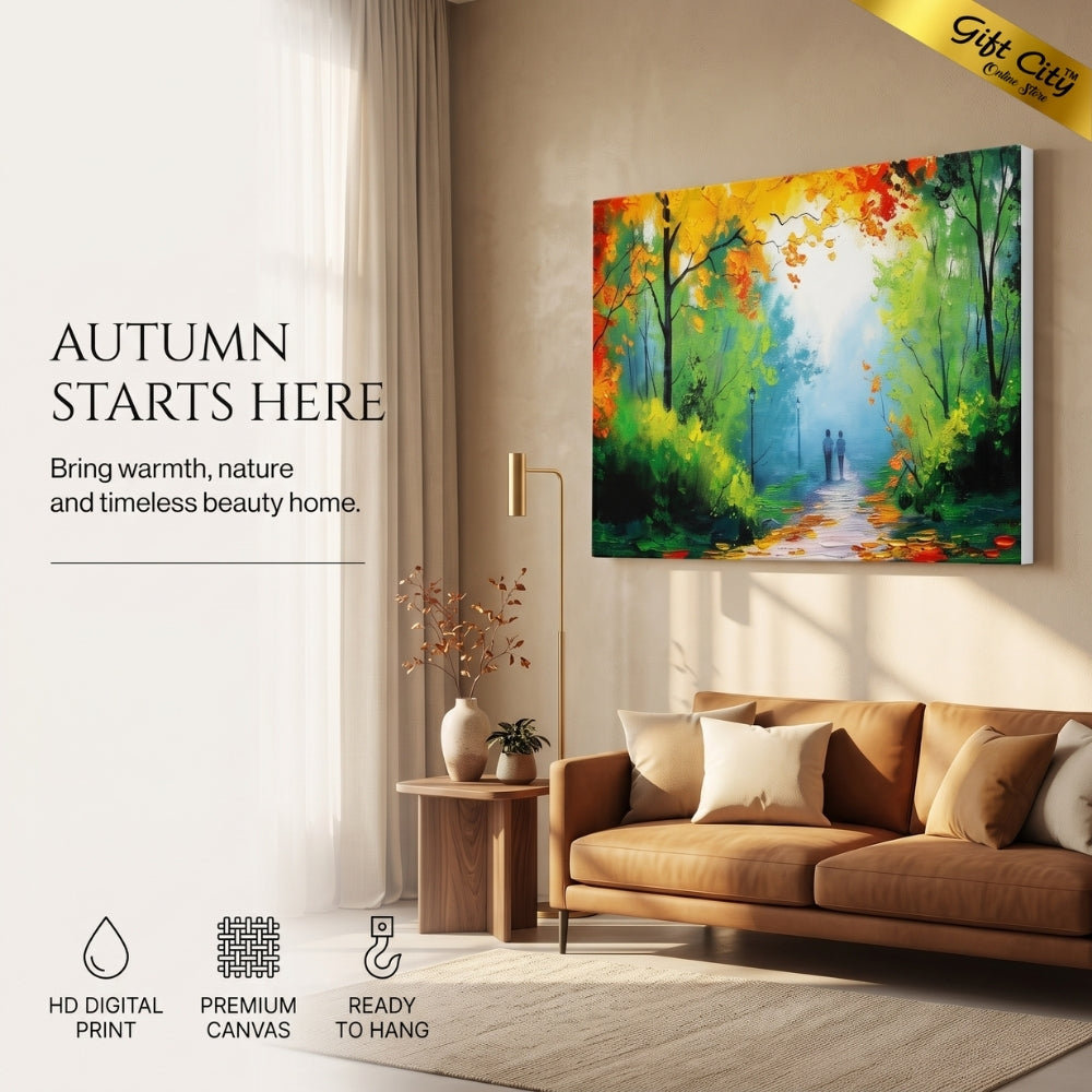 Autumn Forest Canvas Painting Wall Art with Wooden Frame | Fall Landscape Painting for Home Decor