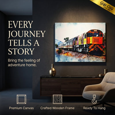 Scenic Train Journey Canvas Painting Wall Art with Wooden Frame | Railway Landscape Painting for Home Decor