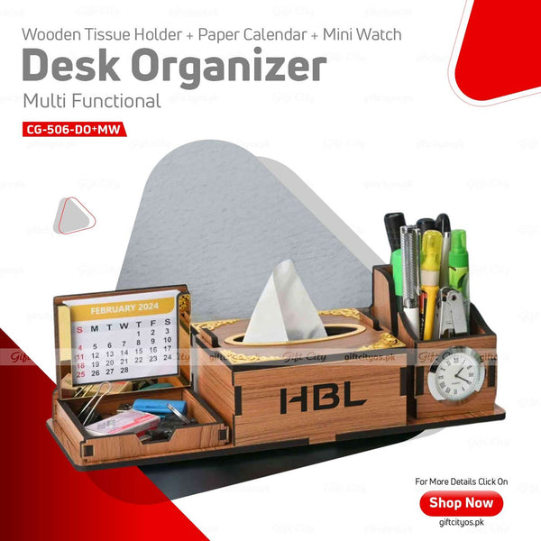 Luxury Wooden Desk Organizer with Tissue Box, Calendar & Mini Clock – Customizable - Gift City Online Store