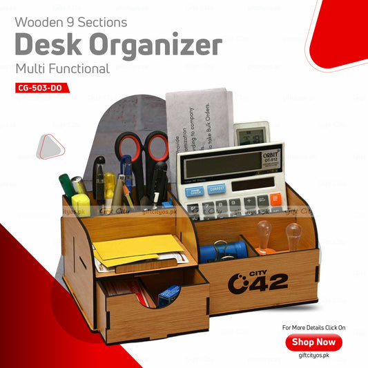 Multi-Functional Wooden Desk Organizer with 9 Sections | Customizable for Logos & Company Names