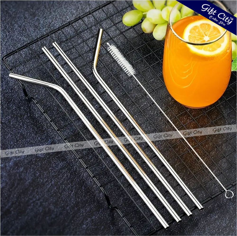 Gift City Presents Reusable Stainless Steel Straw Set – 2 Straight & 2 Bent Straws with Cleaning Brush – Perfect for Beverages & Cocktails