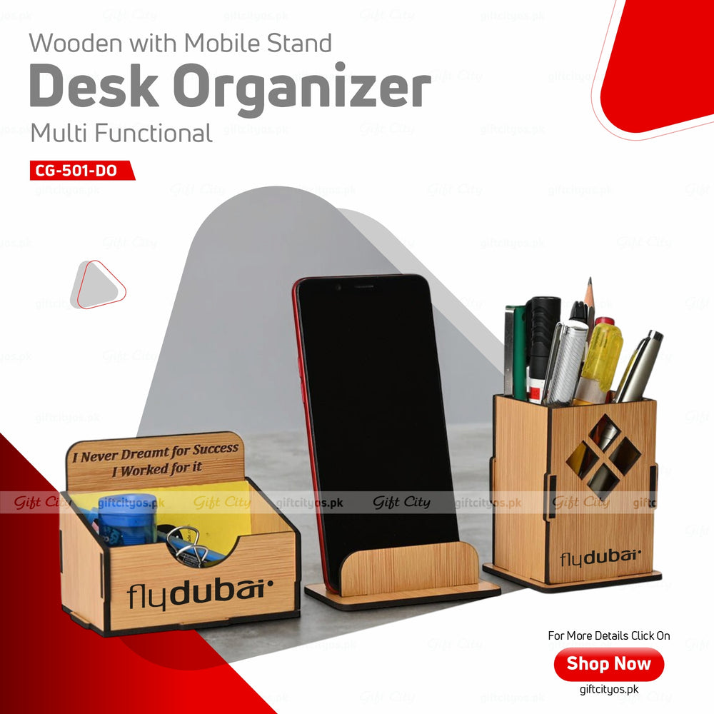 Customizable 3-in-1 MDF Wooden Desk Organizer with Mobile Stand, Card Holder & Pen Holder | Stylish Office Gift - Gift City Online Store