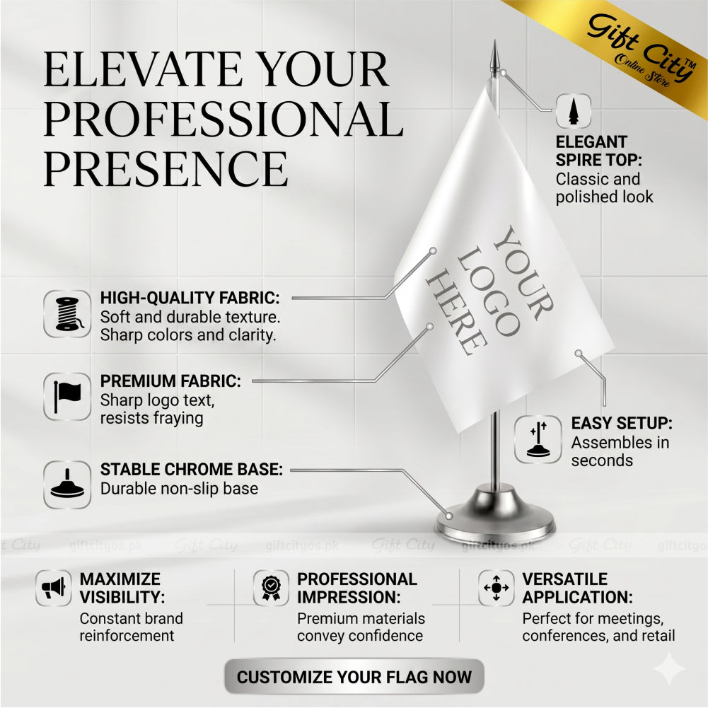 Promotional graphic for a flag with customizable branding options, featuring text and icons on a light gray background.