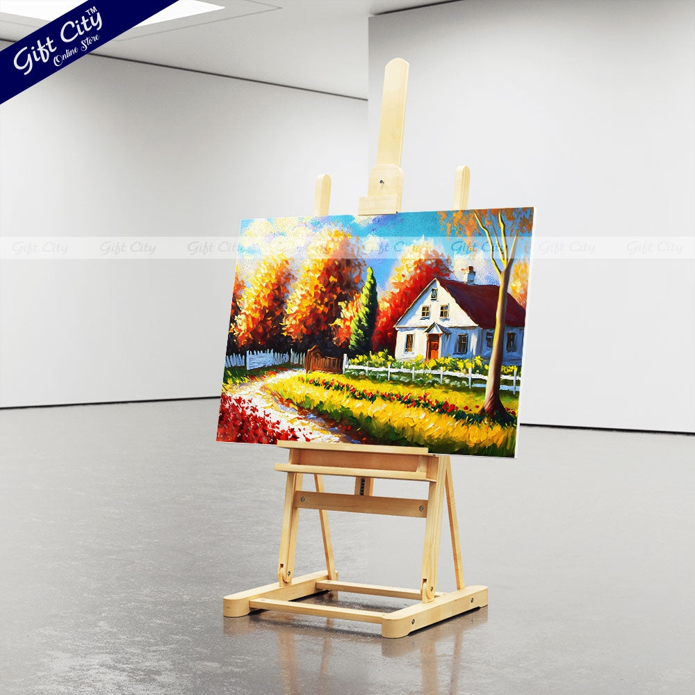 Oil Painting of Autumn Cottage Scenery, Featuring a Landscape with a White Building, Red Barn, House, Trees, Garden, Grass, Plants, Fence, and Flowers in a Sunny Scene on Canvas