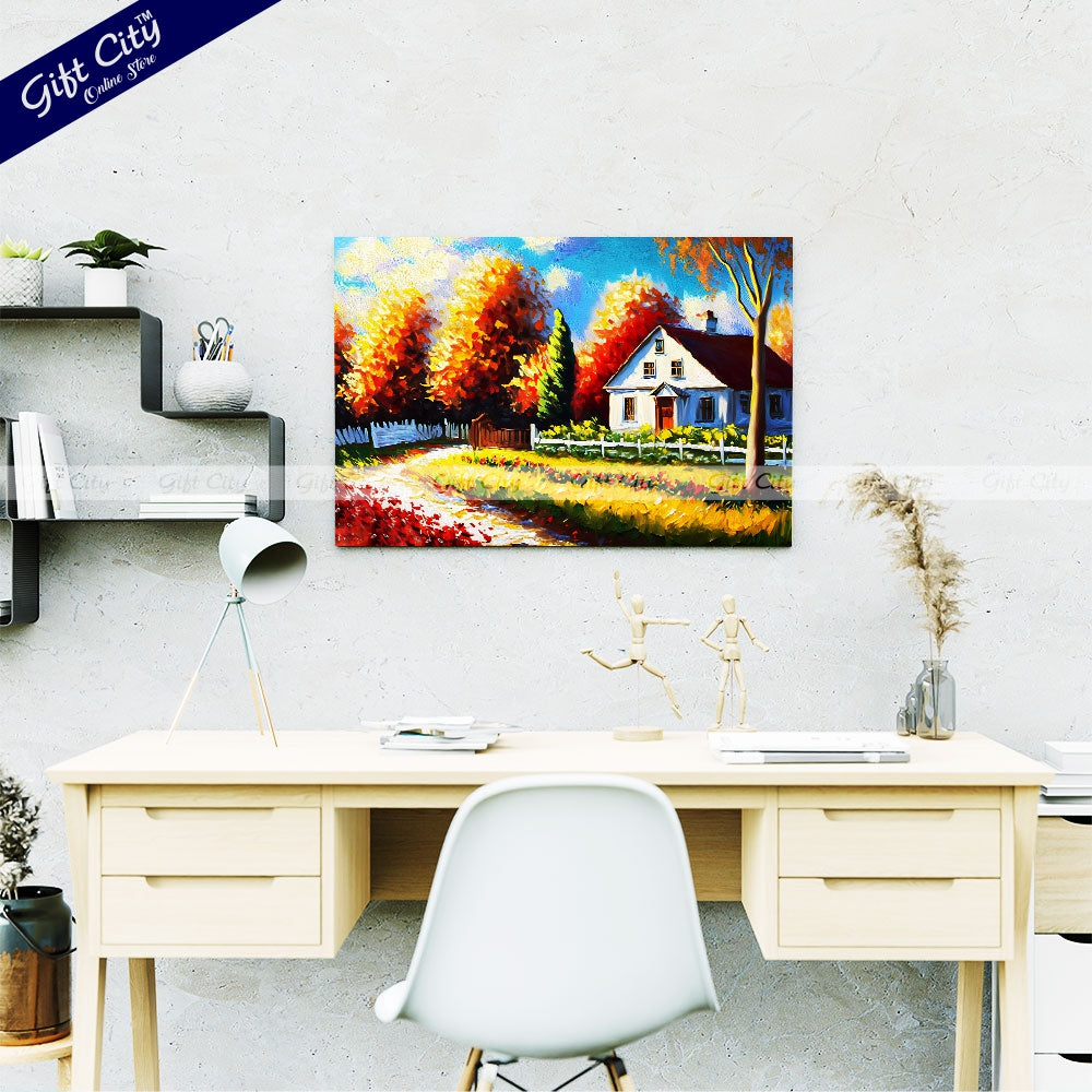 Oil Painting of Autumn Cottage Scenery, Featuring a Landscape with a White Building, Red Barn, House, Trees, Garden, Grass, Plants, Fence, and Flowers in a Sunny Scene on Canvas