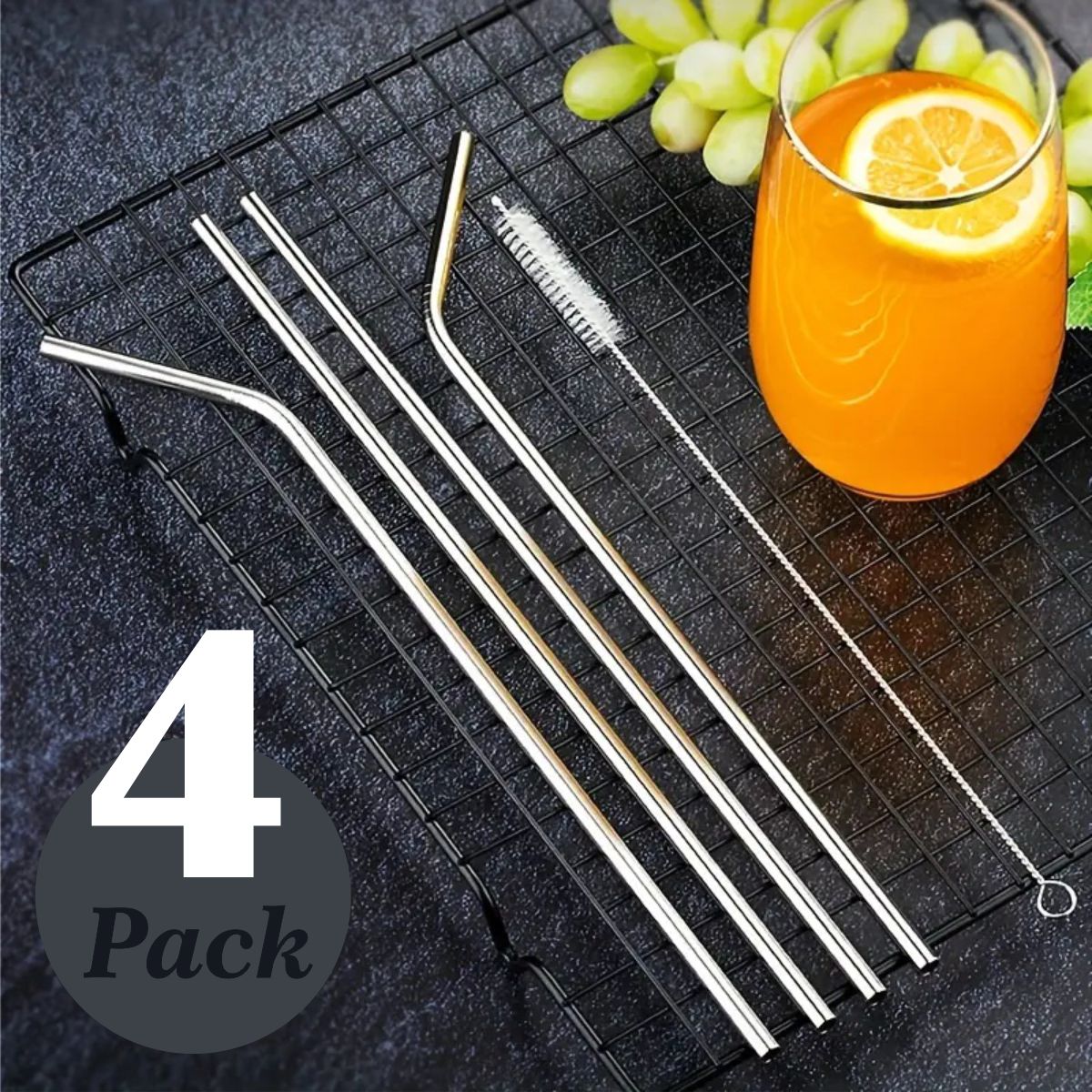 Gift City Presents Reusable Stainless Steel Straw Set – 2 Straight & 2 Bent Straws with Cleaning Brush – Perfect for Beverages & Cocktails