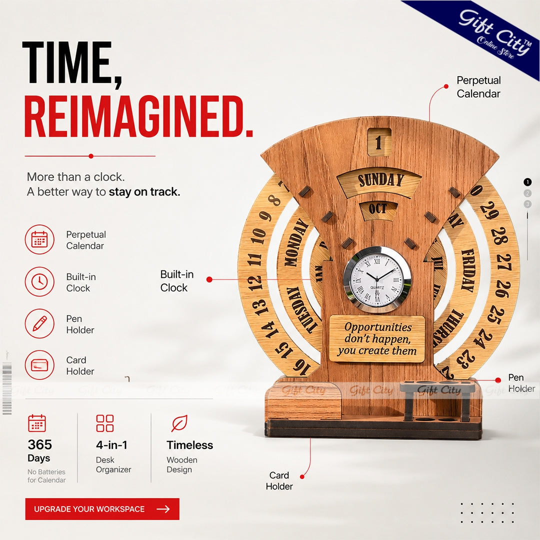 Wooden perpetual calendar with clock on a white background, featuring Gift City branding.