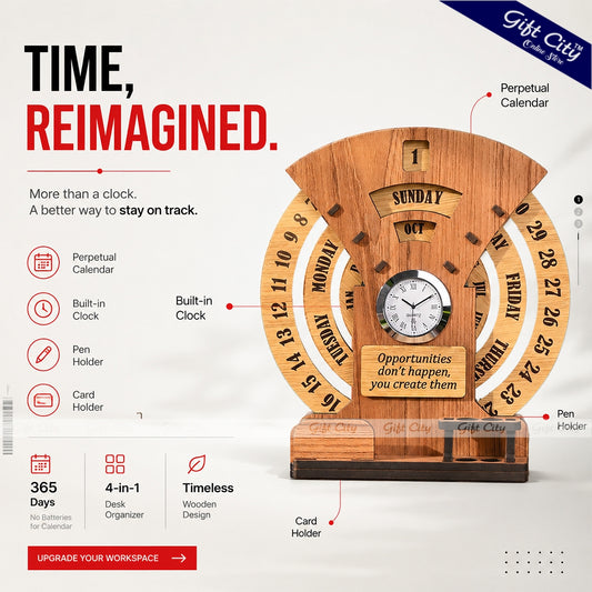 Wooden perpetual calendar with clock on a white background, featuring Gift City branding.