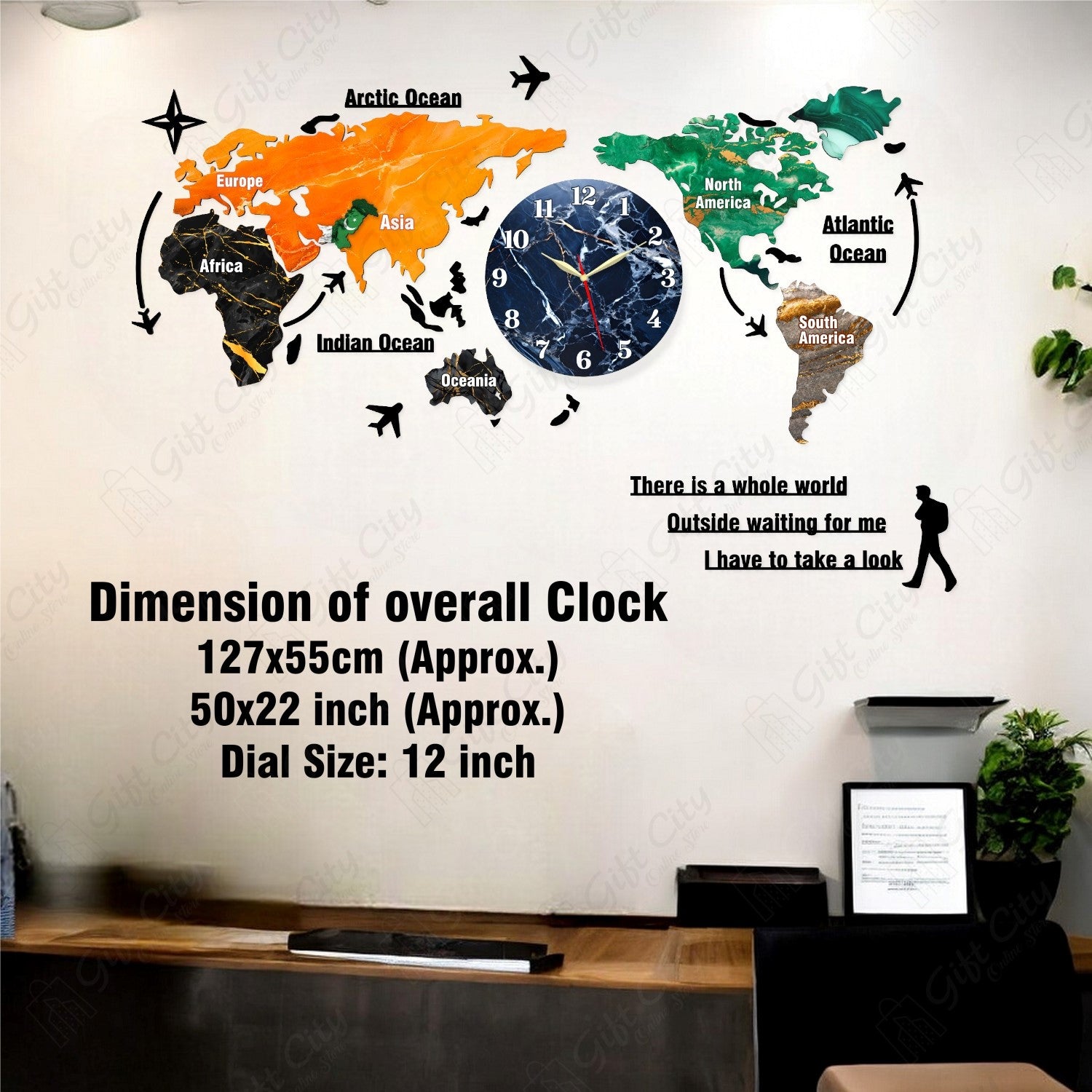 Gift City DIY Colorful Wooden World Map Wall Clock - Large 127cm for Home and Office