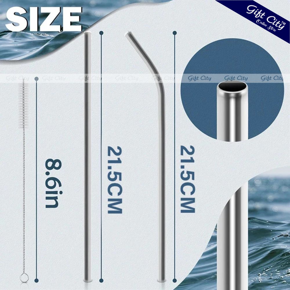 Gift City Presents Reusable Stainless Steel Straw Set – 2 Straight & 2 Bent Straws with Cleaning Brush – Perfect for Beverages & Cocktails