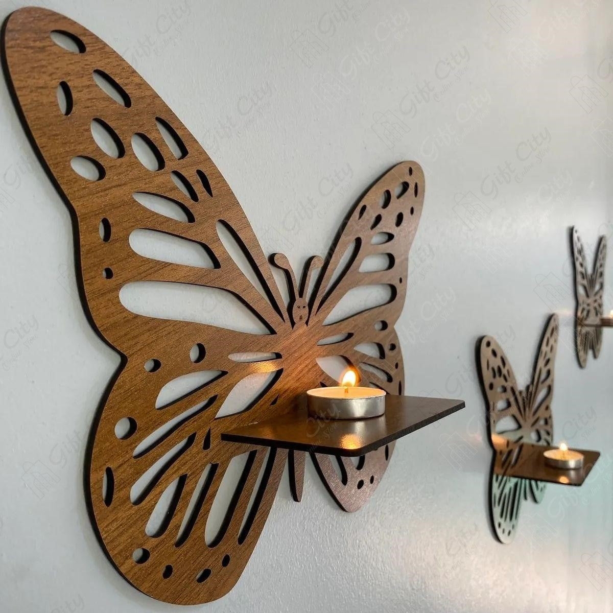 Gift City Presents the Premium Wooden Butterfly Wall Shelf – Elegant Brown Decorative Candlestick Holder