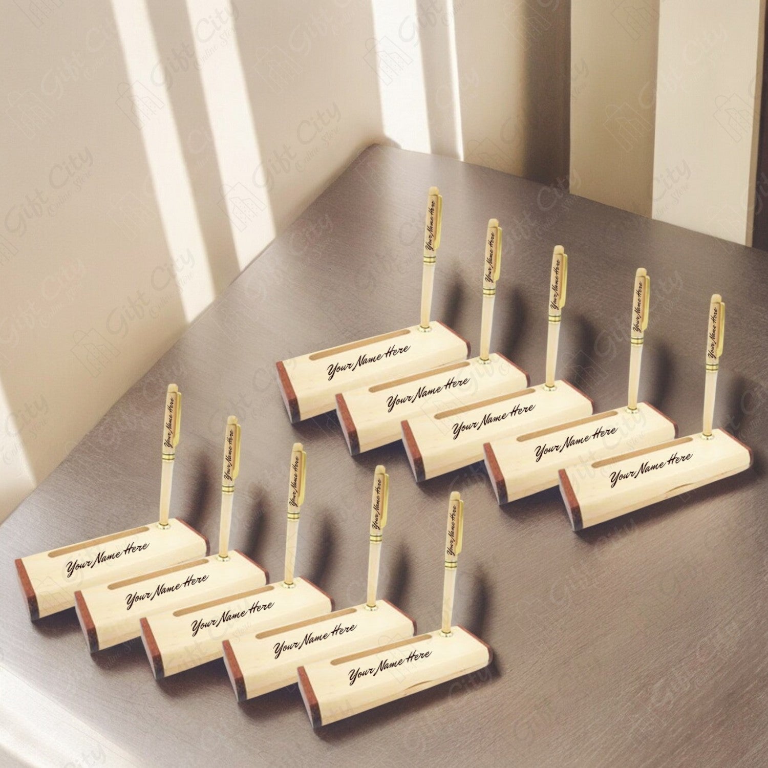 Gift City: Transform Your Workspace with Elegant Wooden Pen & Card Holders - Free Shipping Included!