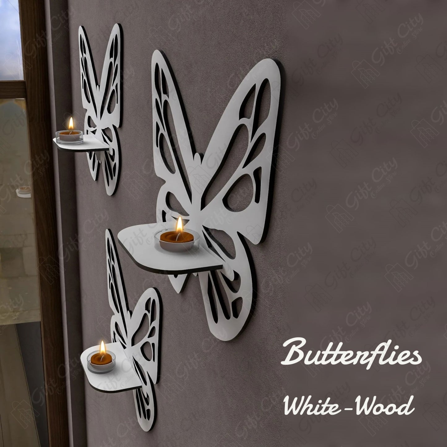 Gift City Presents the Elegant White Wooden Butterfly Wall Shelf – Premium Decorative Candlestick Holder