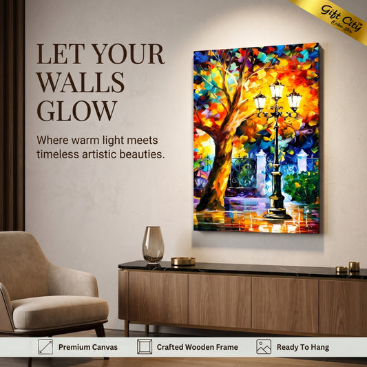 Street Light & Tree Romantic Aura Palette Knife Oil Canvas Painting | Romantic Cityscape Wall Art Decor