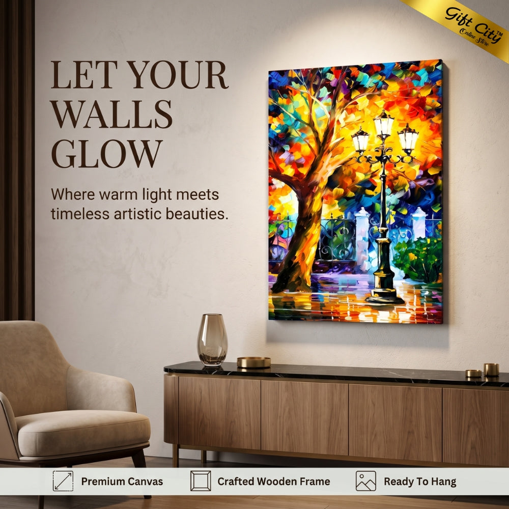 Street Light & Tree Romantic Aura Palette Knife Oil Canvas Painting | Romantic Cityscape Wall Art Decor