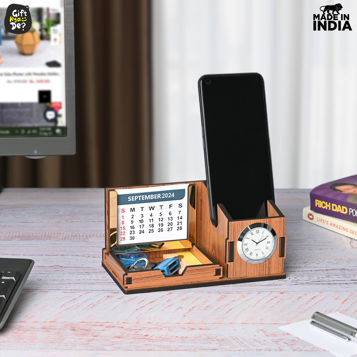 Gift City Presents Compact Desk Organizer with Clock & 2024 Calendar | Desk Accessories, Corporate Gift